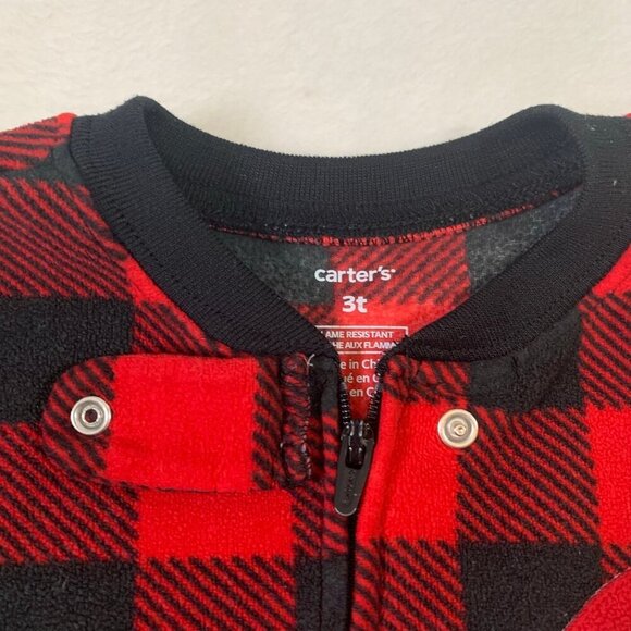 5/$25 Carter's Santa red black buffalo plaid fleece zipper pajamas footies pjs - Picture 4 of 5
